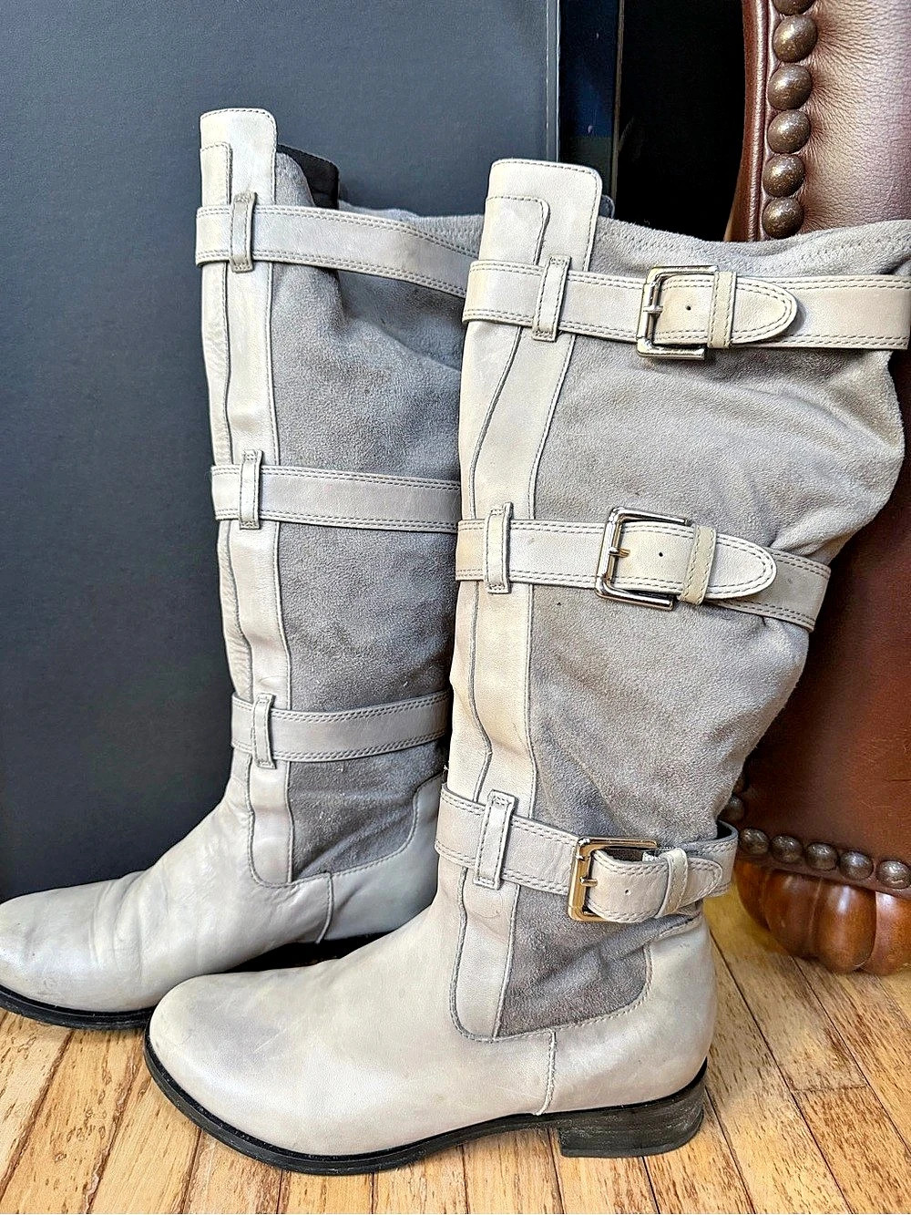 Cole Han knee high Buckle Boots in Gray US 7.5